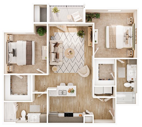 Floor plan for 2 beds, 2 baths, 997 sqft